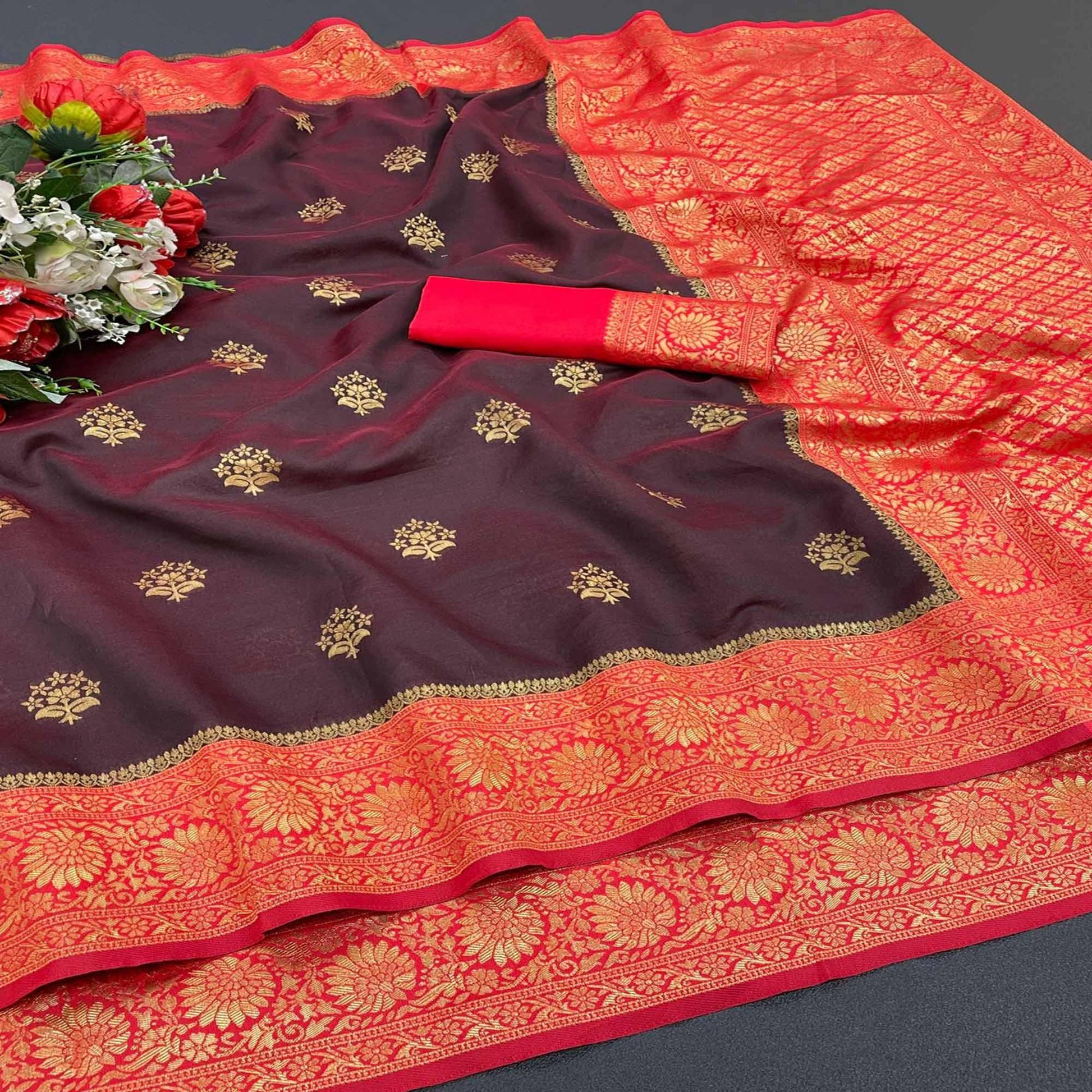 Burgundy Festive Wear Woven Soft Litchi Silk Saree