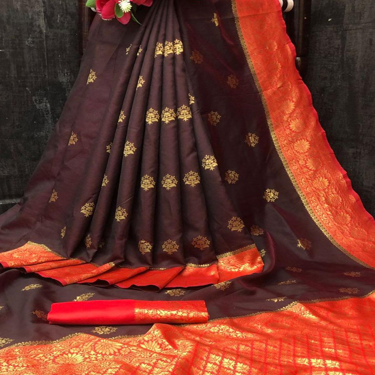 Burgundy Festive Wear Woven Soft Litchi Silk Saree