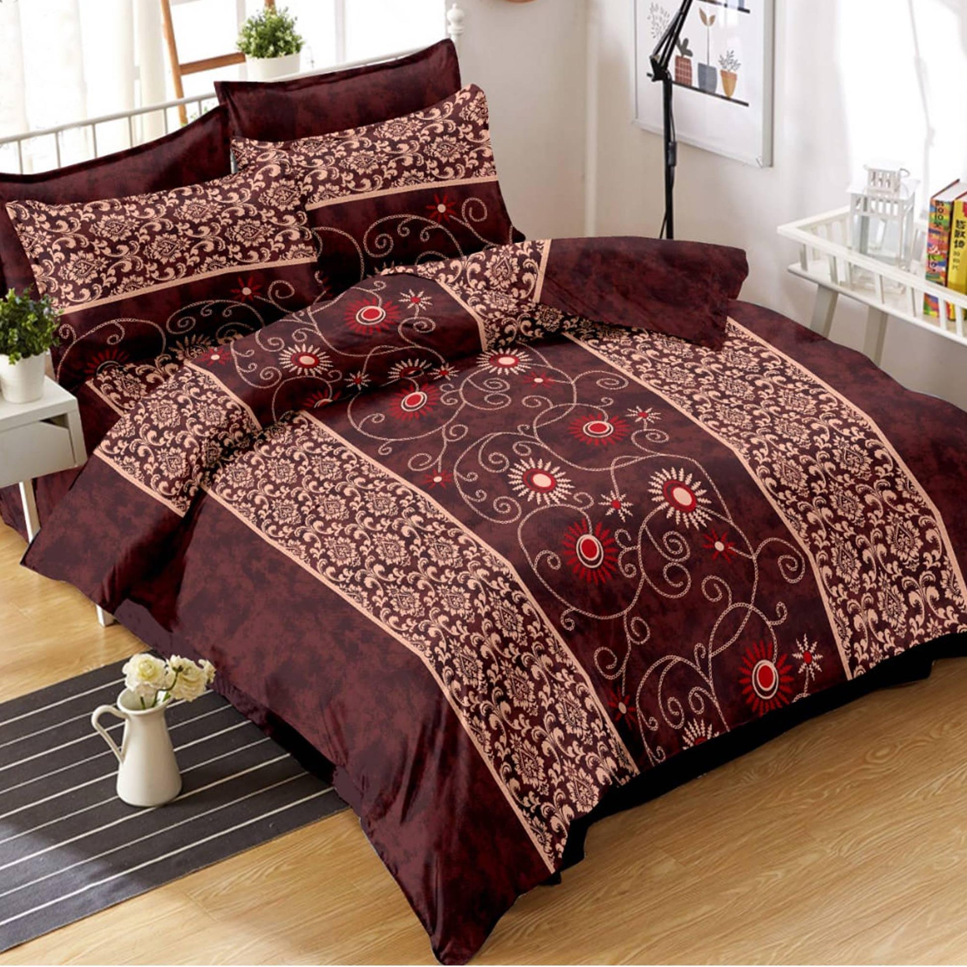 Burgundy Floral Printed Pure Cotton Double Bedsheet With Pillow Cover