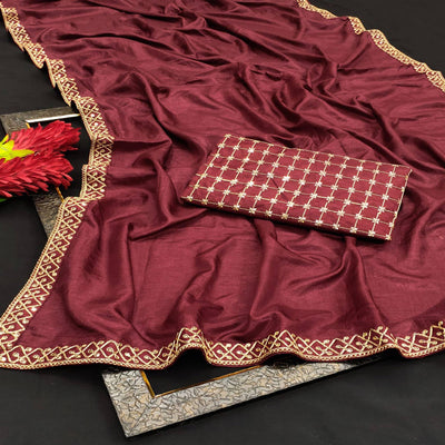 Burgundy  Partywear Coding Lace Border Dola Silk Saree
