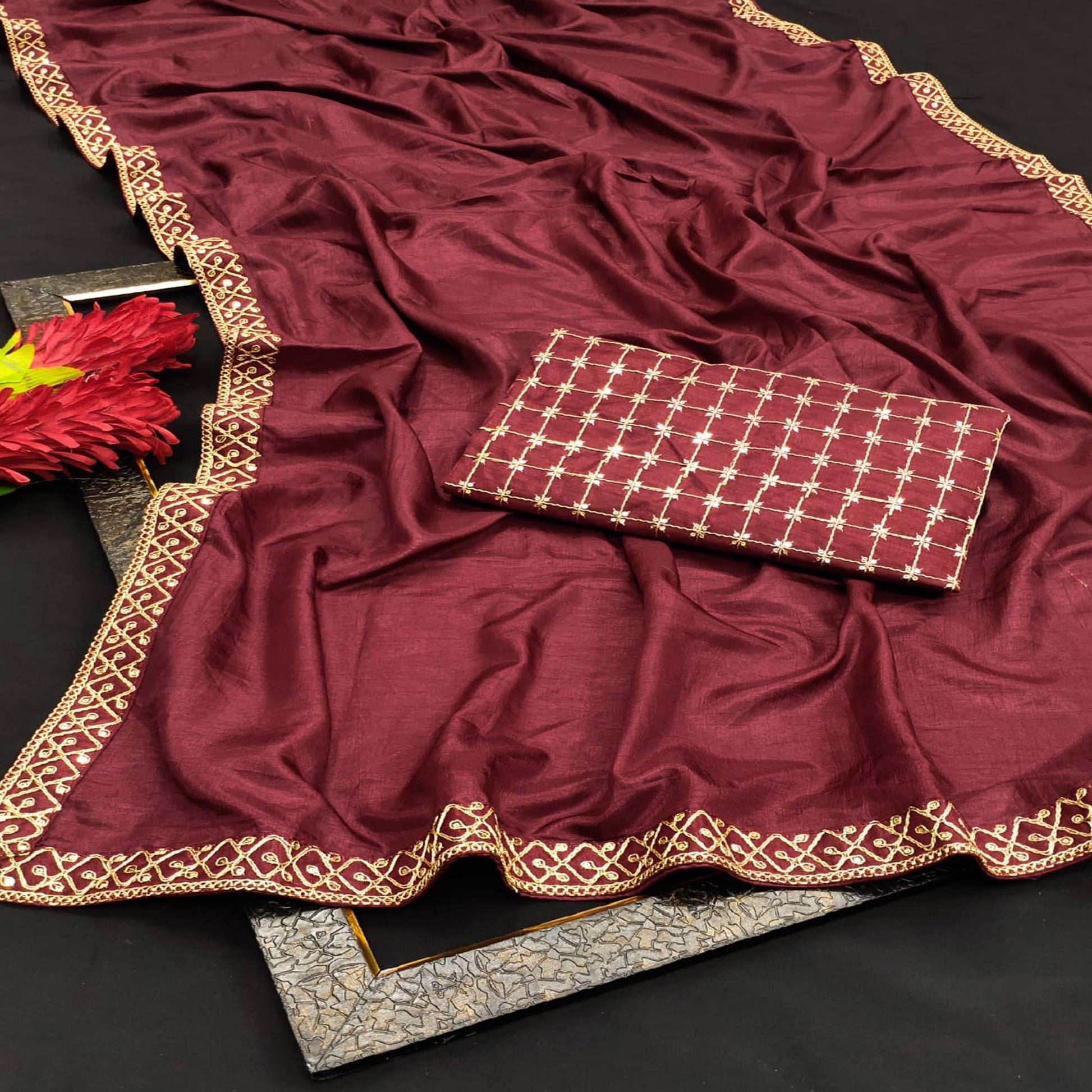 Burgundy  Partywear Coding Lace Border Dola Silk Saree