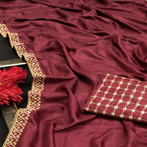 Burgundy  Partywear Coding Lace Border Dola Silk Saree