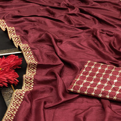 Burgundy  Partywear Coding Lace Border Dola Silk Saree