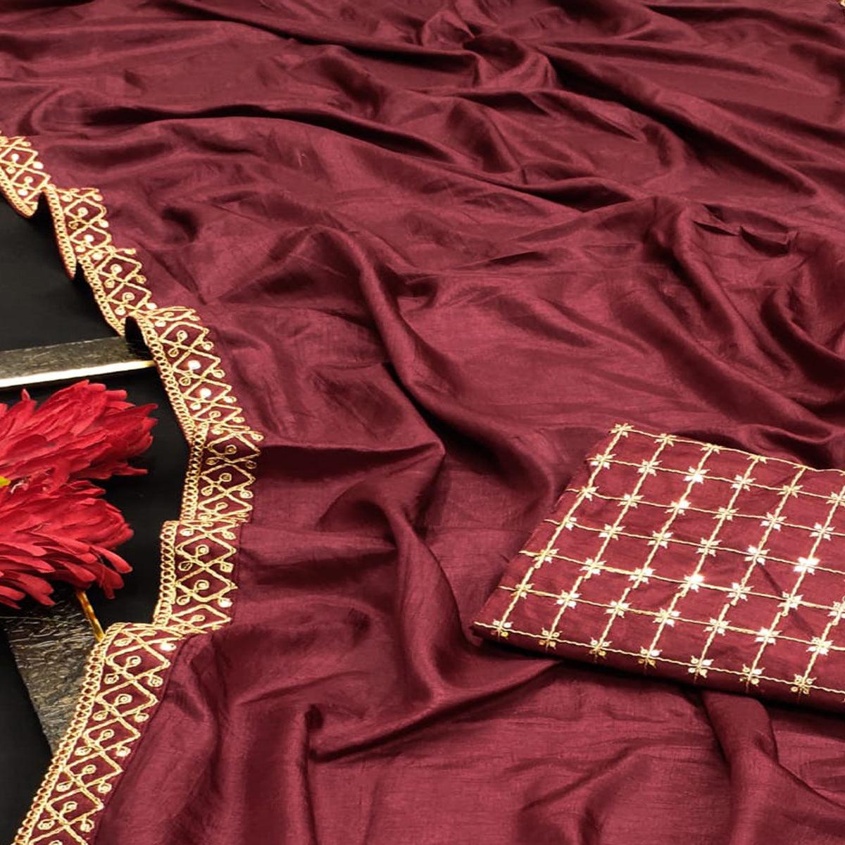 Burgundy  Partywear Coding Lace Border Dola Silk Saree