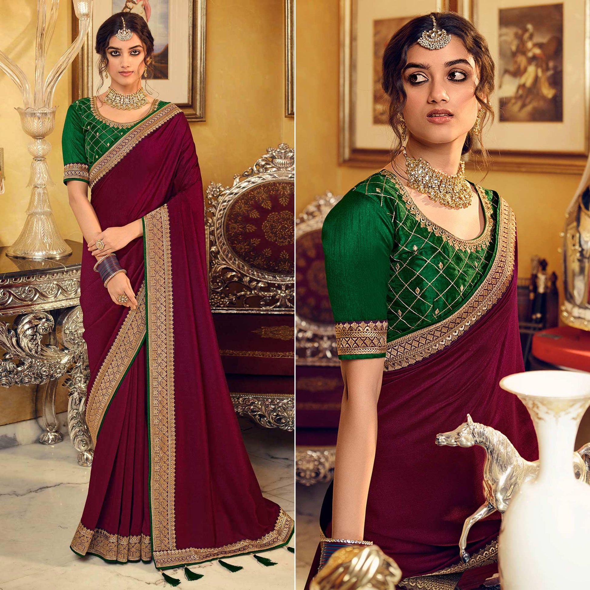 Burgundy Partywear Embroidered Silk Saree