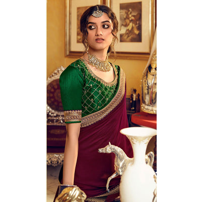 Burgundy Partywear Embroidered Silk Saree