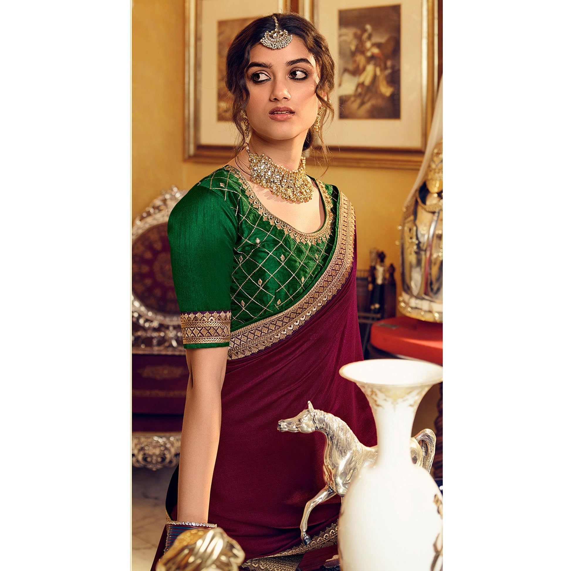 Burgundy Partywear Embroidered Silk Saree