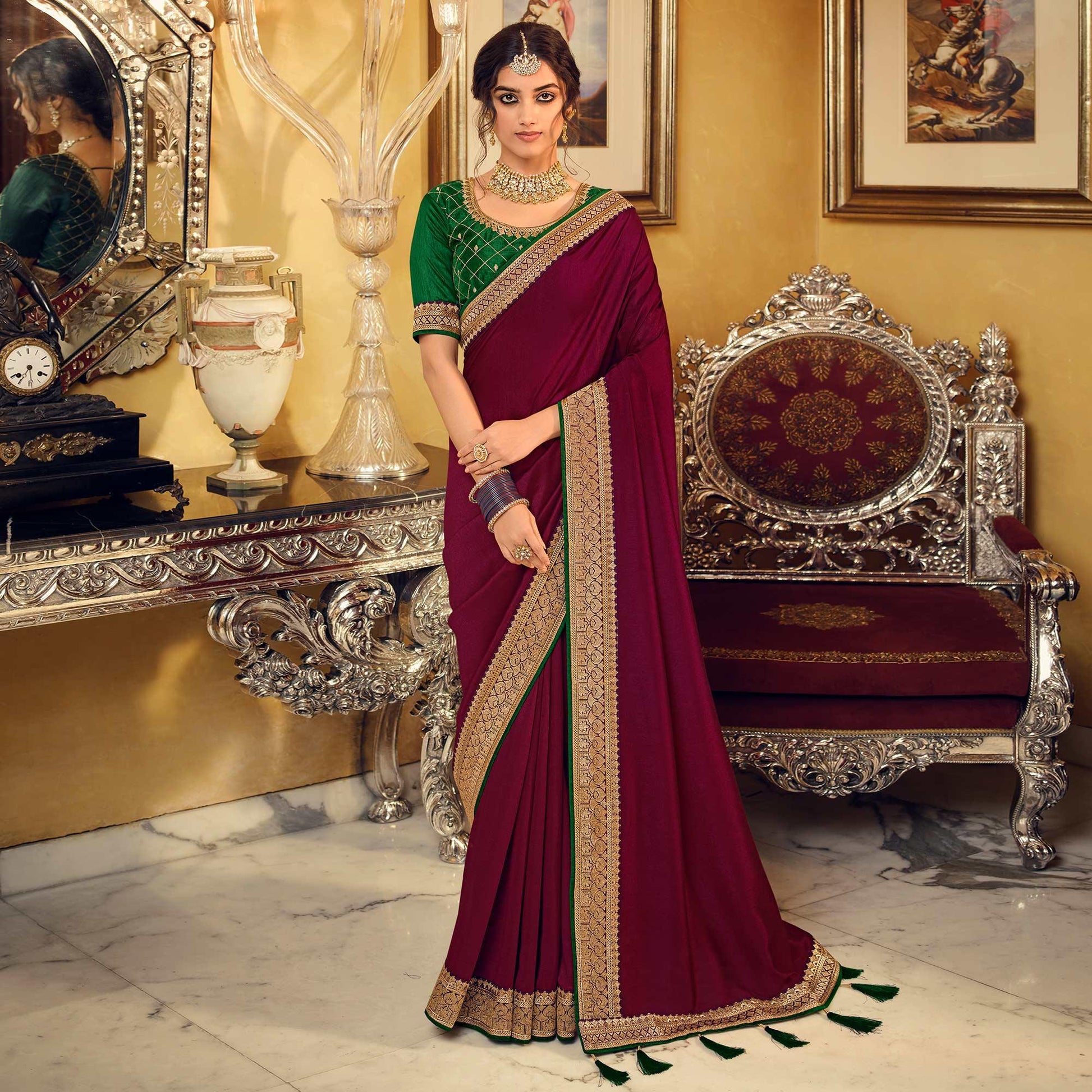 Burgundy Partywear Embroidered Silk Saree