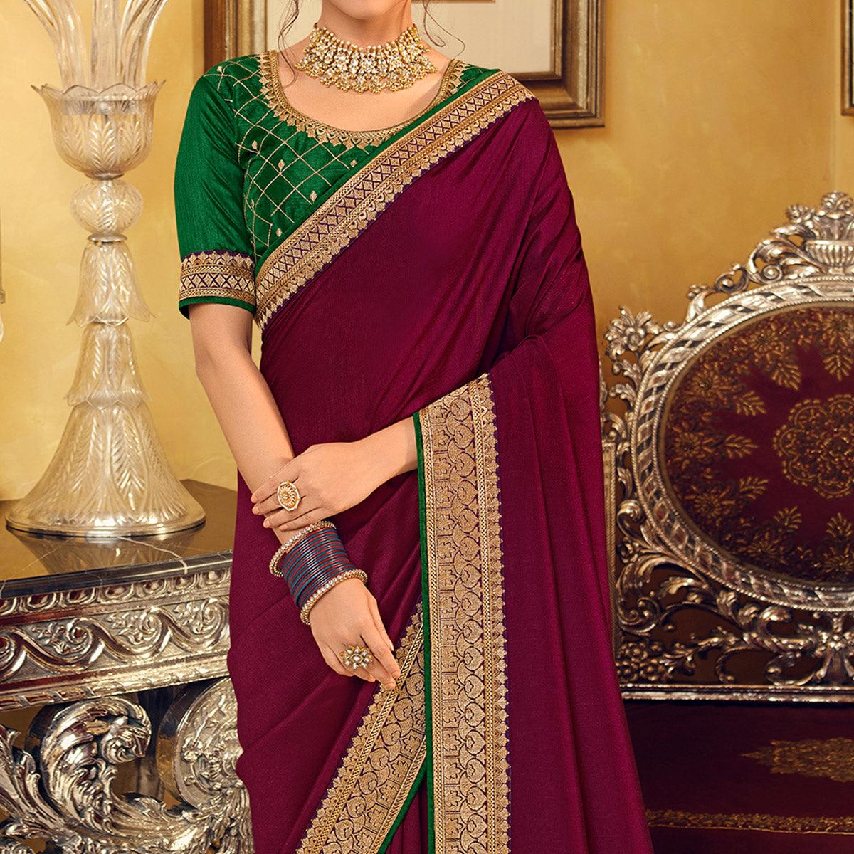 Burgundy Partywear Embroidered Silk Saree