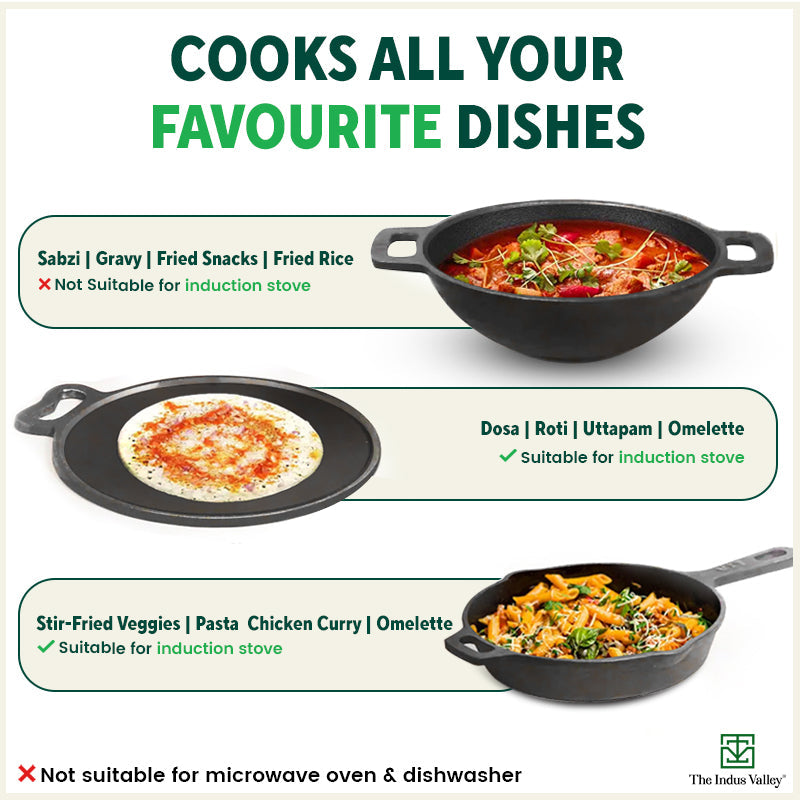 Super Smooth Cast Iron Set: Free ₹400 Tadka Pan+ Frypan+ Kadai+ Tawa, Kitchen set for Home, Nonstick, 100% Pure,Toxin-free
