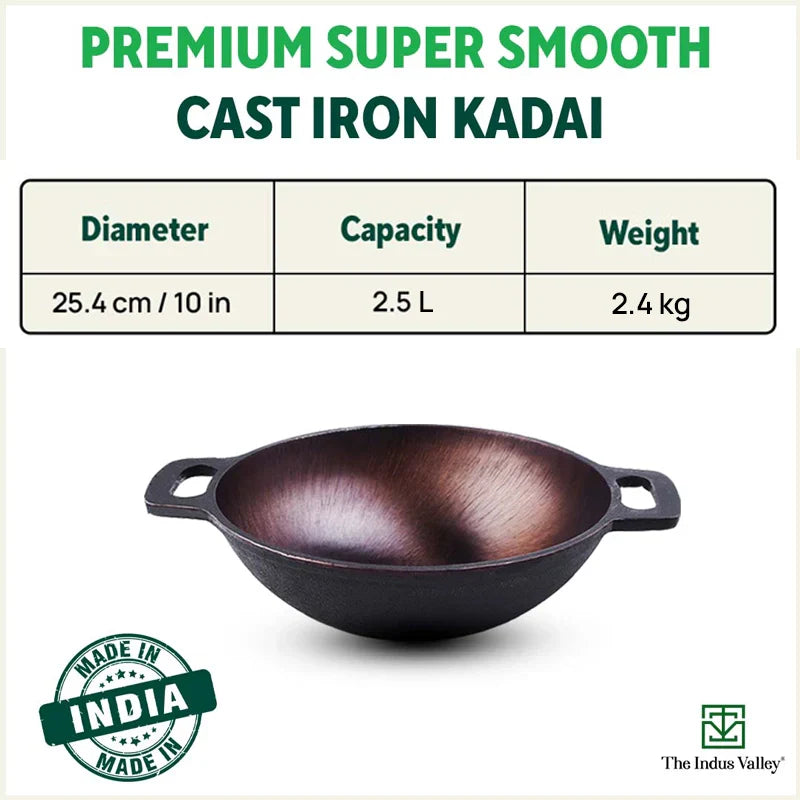 Super Smooth Cast Iron Kadai+ Free ₹110 Spatula,Pre-seasoned, Nonstick, 100% Pure, Toxin-free, 25.4cm, 2.5L, 2.4kg
