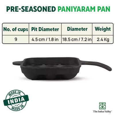 9 Pit/Cup CASTrong Cast Iron Paniyaram/Appe pan+ Free Spatula, Square, Long handle, Pre-seasoned, Nonstick, 100% Pure, Toxin-free, 18.5cm, 2.4kg