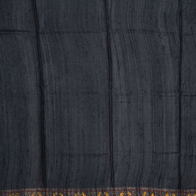 Black Handloom Tussar Silk Saree With Printed & Embroidered Deer Motifs