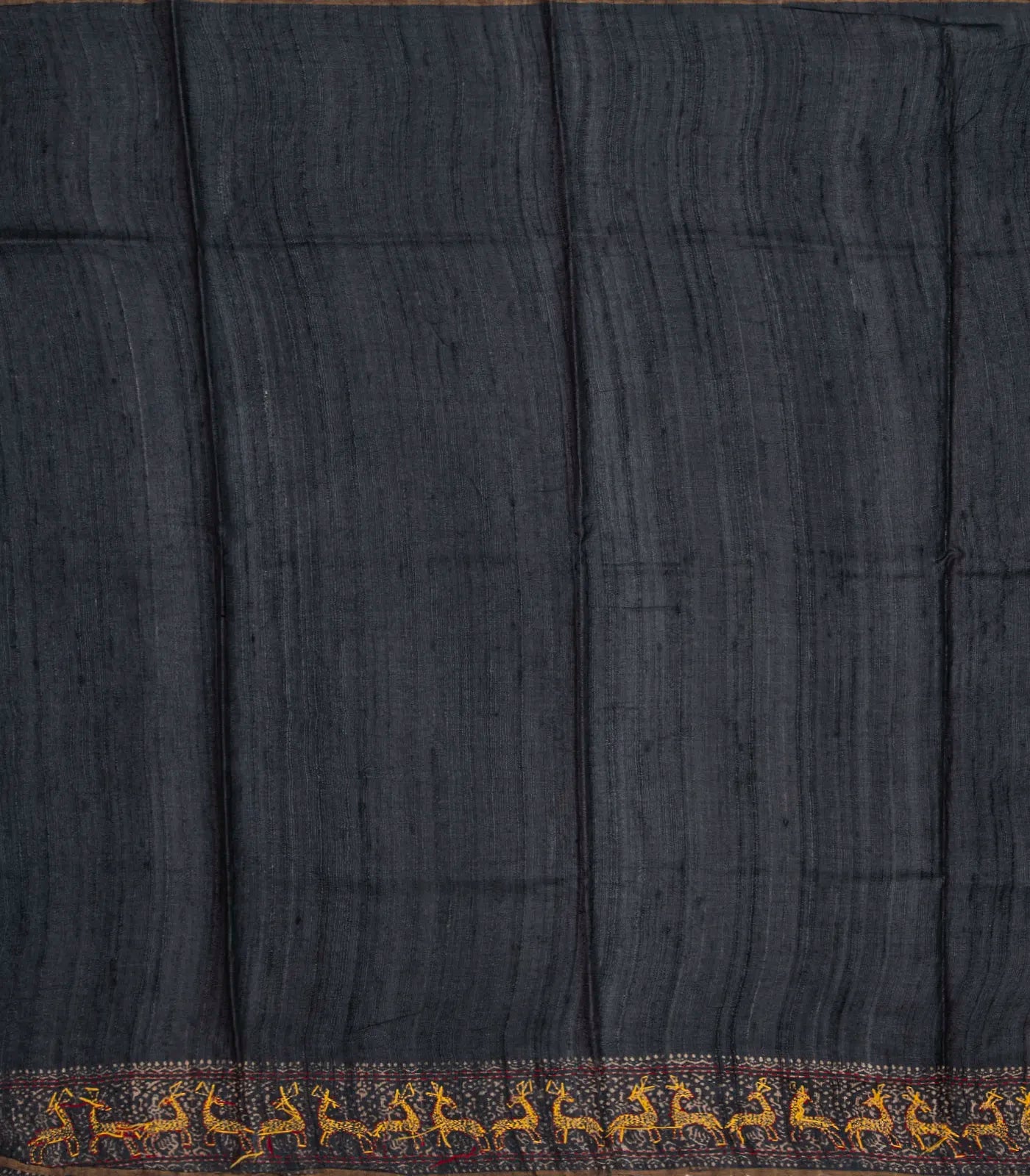 Black Handloom Tussar Silk Saree With Printed & Embroidered Deer Motifs