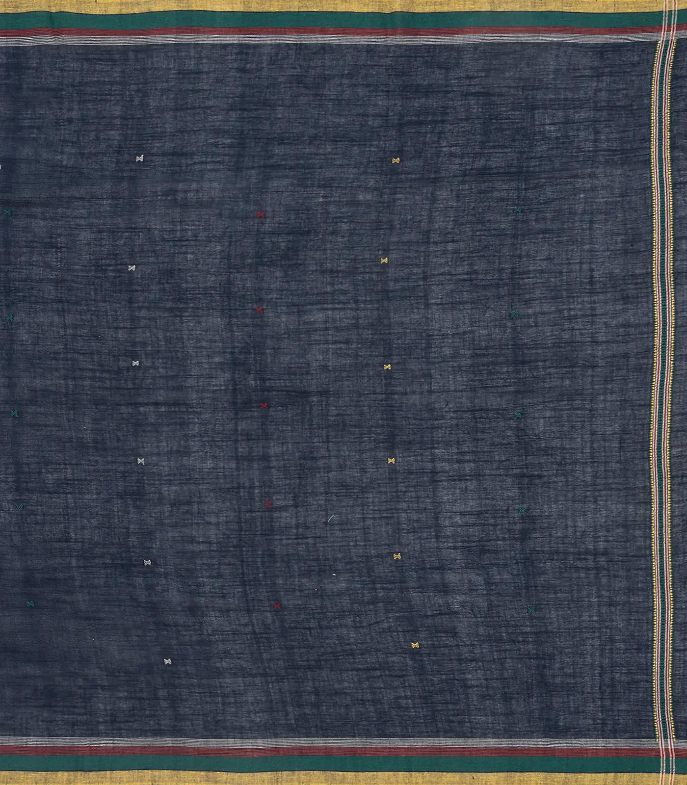 Midnight Blue Handloom Bhujodi Cotton Saree With Cross Buttas