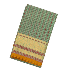 Shadow Green Handloom Kanchi Cotton Saree With Checks & Diamond Motifs