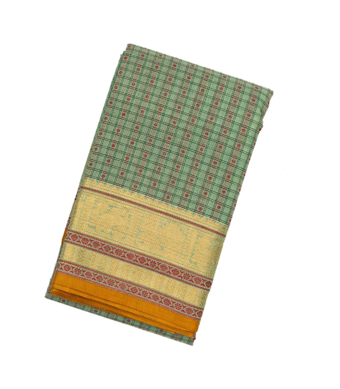 Shadow Green Handloom Kanchi Cotton Saree With Checks & Diamond Motifs