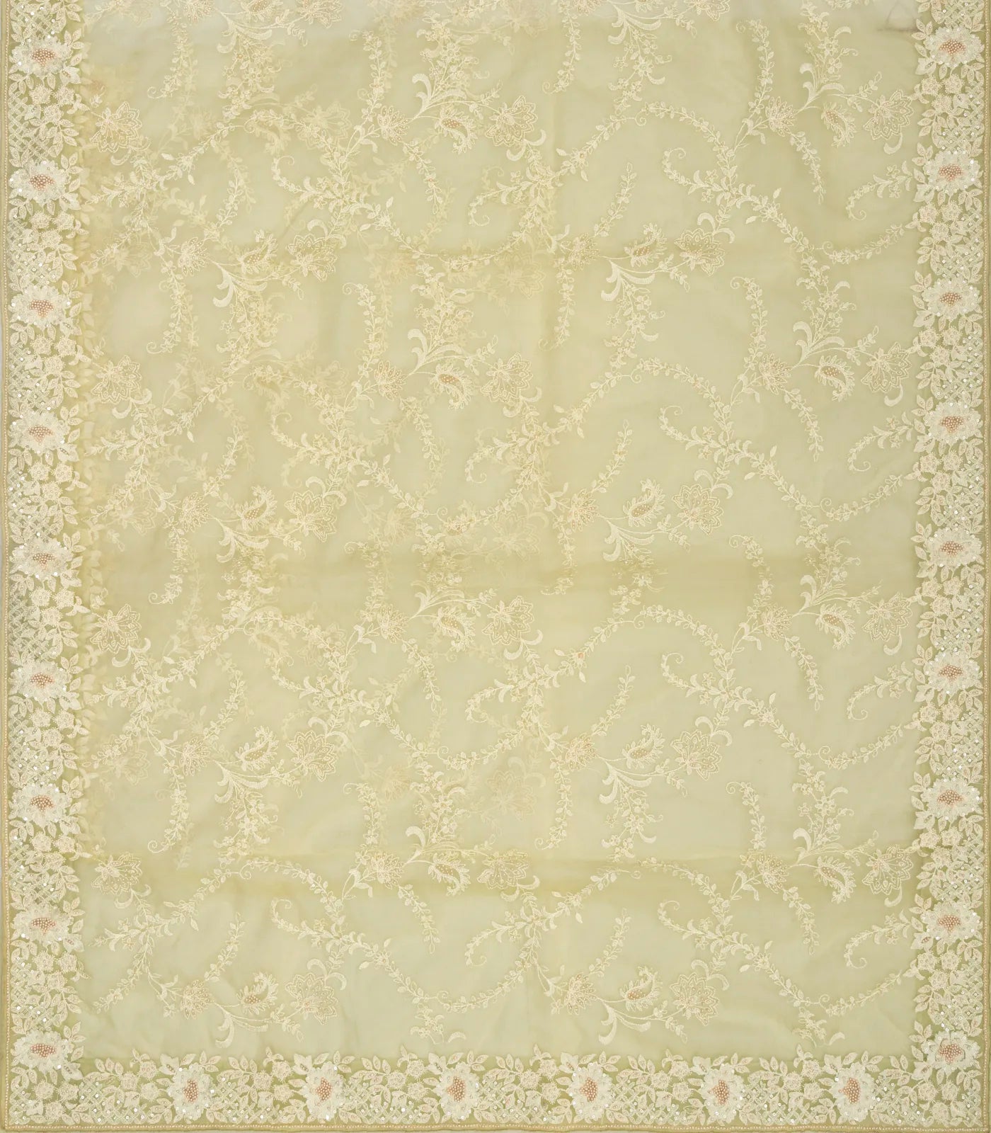 Cream Woven Viscose Saree With Floral Embroidery