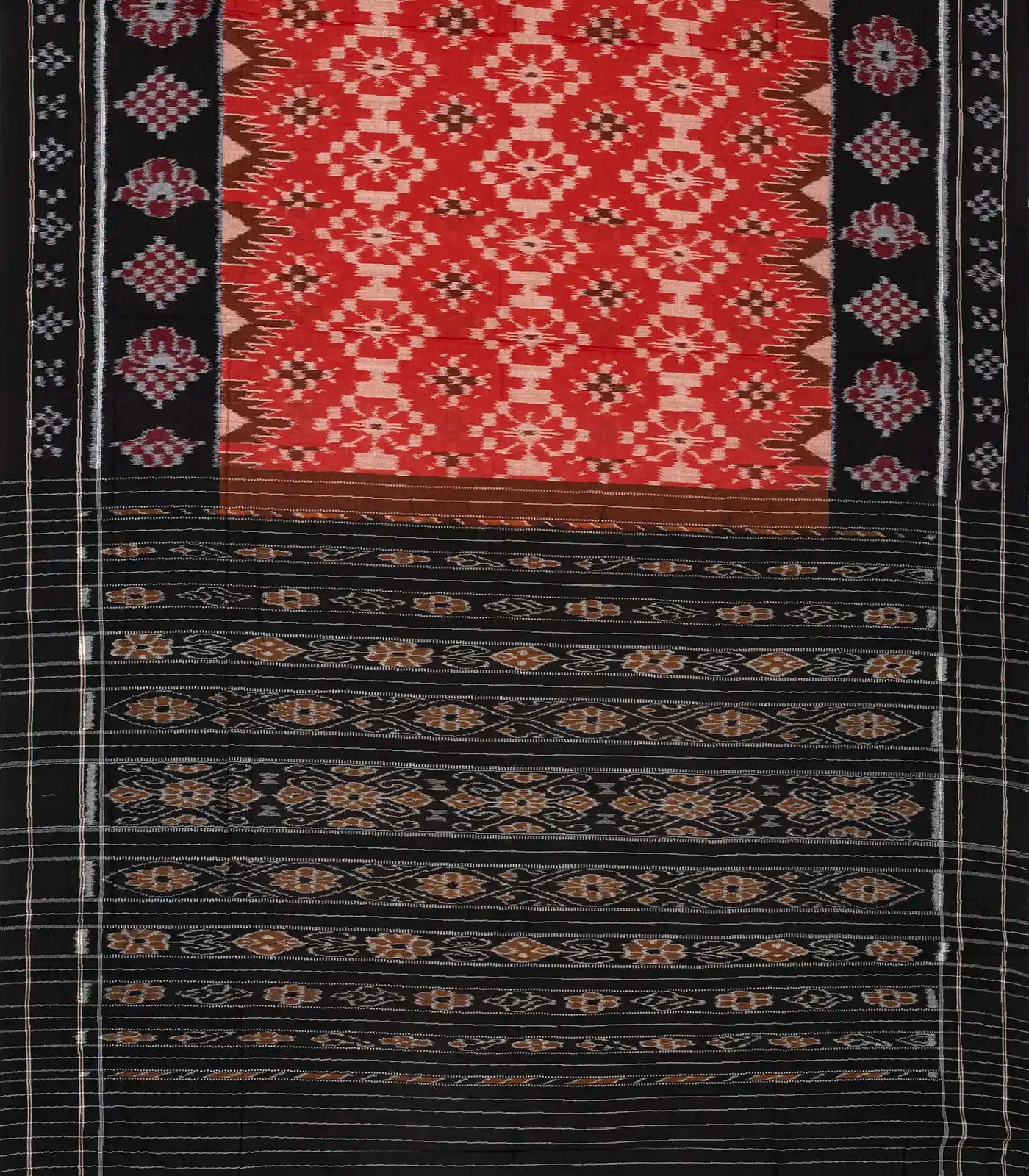 Red Handloom Orissa Cotton Saree With Tie & Dye Floral Motifs