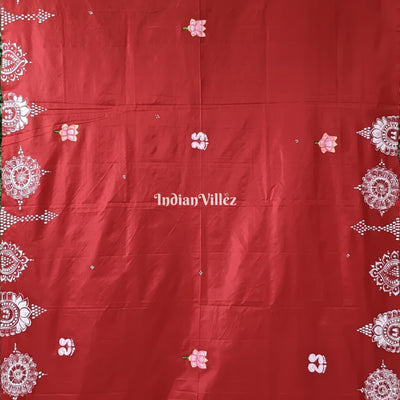 Maroon Maa Laxmi Hand-Painted Pattachitra Saree