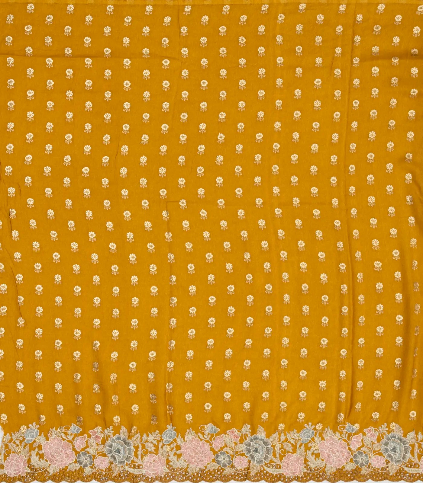 Gold Woven Crushed Tissue Saree With Floral Embroidery