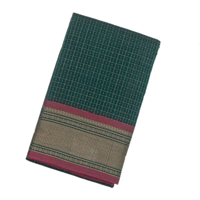 Teal Handloom Kanchi Cotton Saree With Checks & Dots