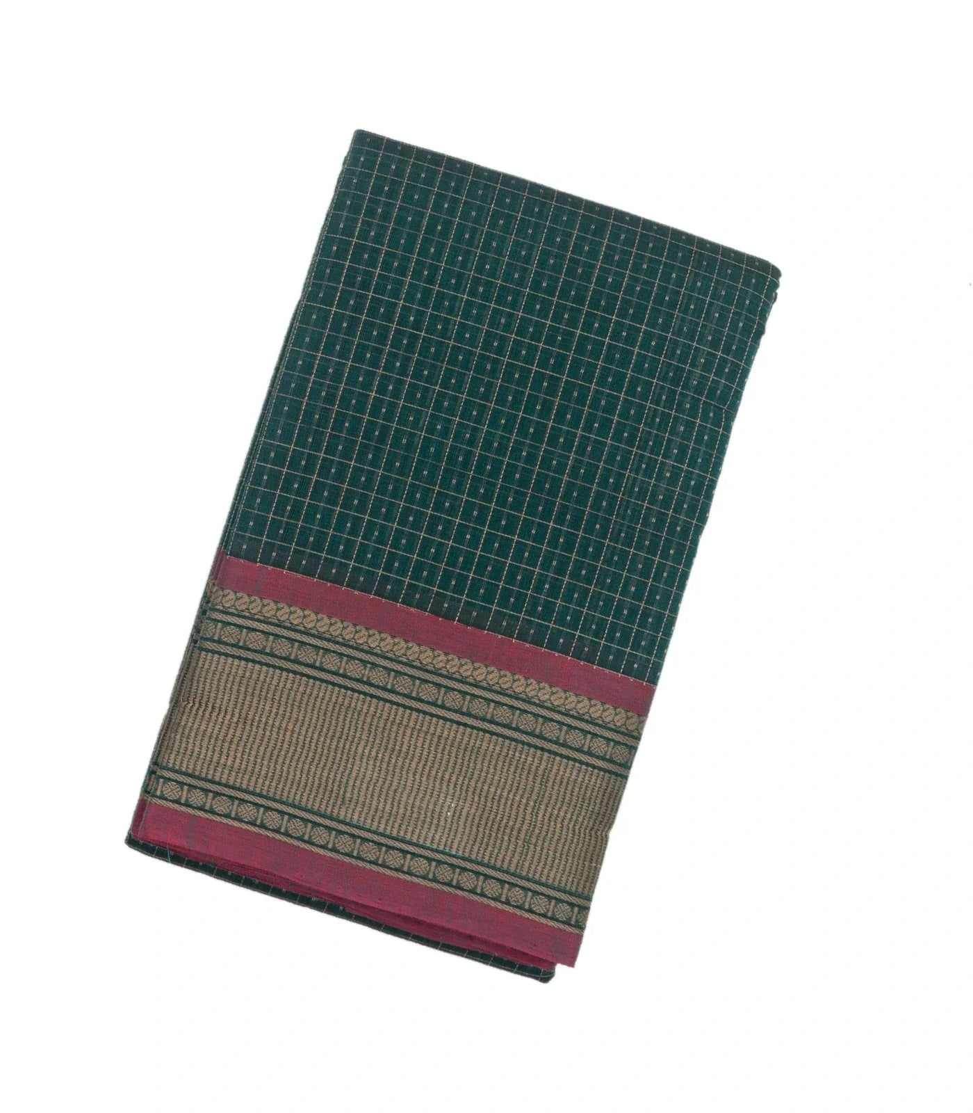Teal Handloom Kanchi Cotton Saree With Checks & Dots