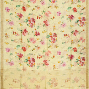 Sandal Handloom Linen Saree With Printed Floral Motifs