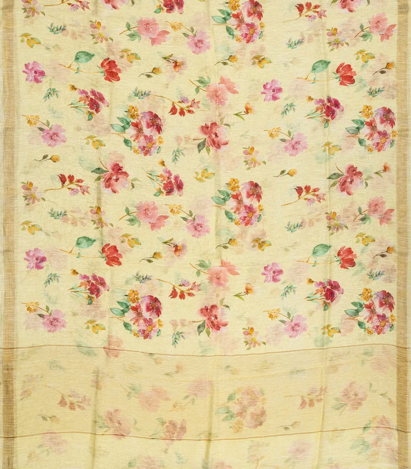 Sandal Handloom Linen Saree With Printed Floral Motifs