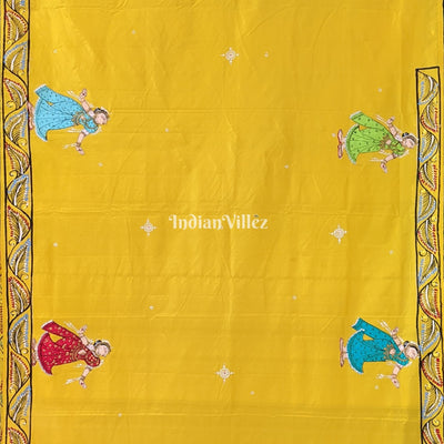 Yellow Mathura Vijay Pattachitra on Mulberry Silk Saree