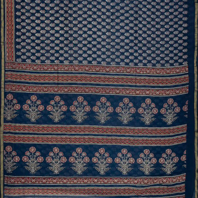Navy Blue Woven Jaipur Cotton Saree And Printed Floral Motifs