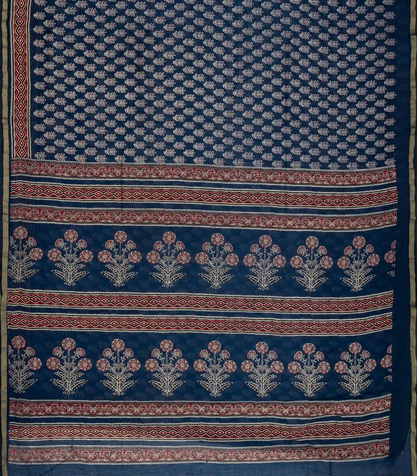 Navy Blue Woven Jaipur Cotton Saree And Printed Floral Motifs