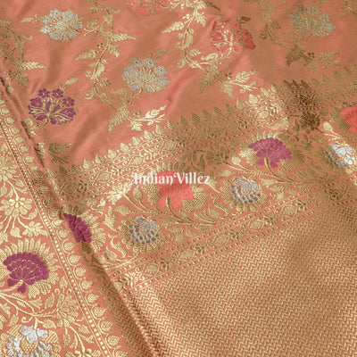 Peach Floral Designer Meenakari Katan Banarasi Saree