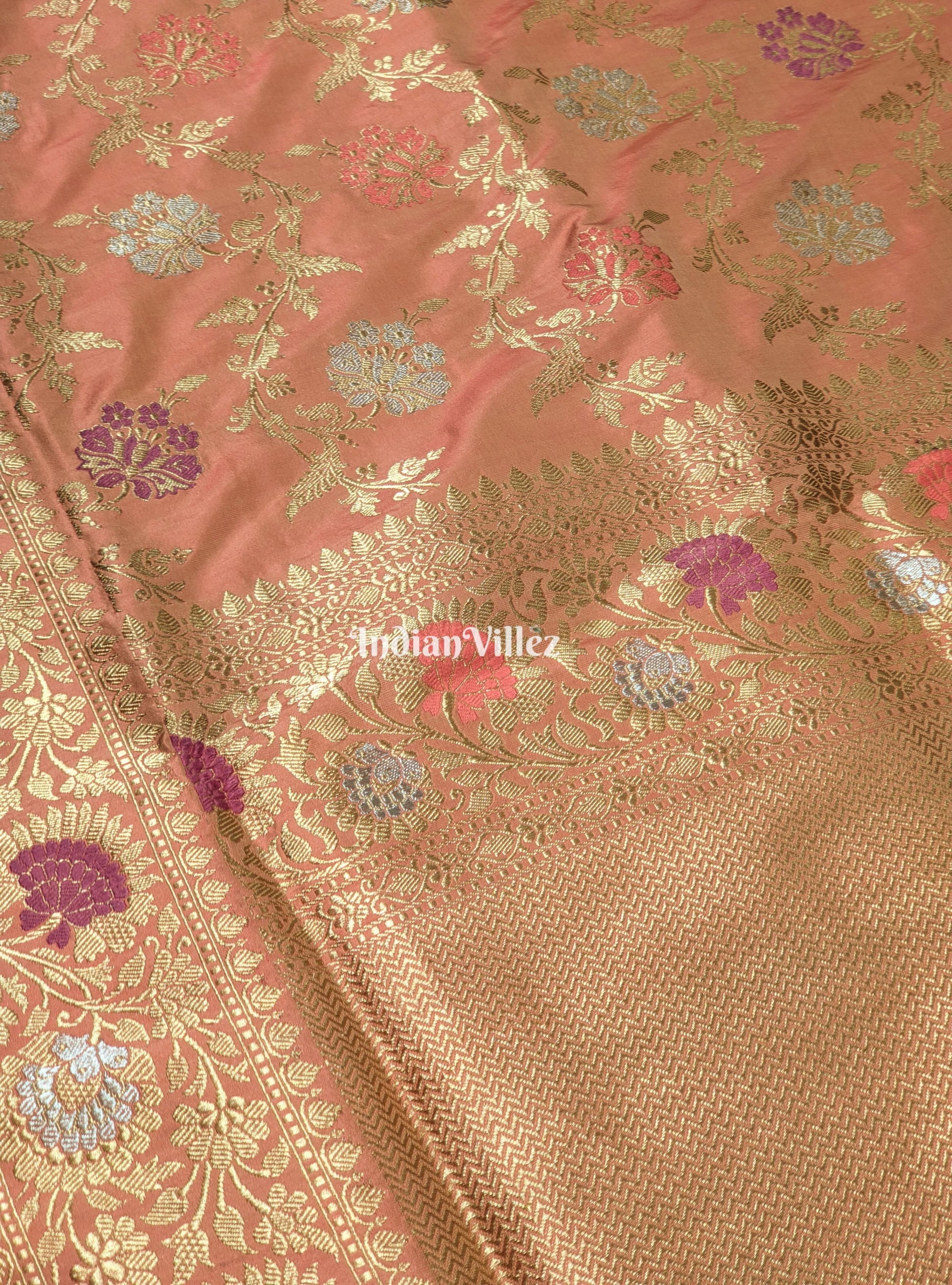 Peach Floral Designer Meenakari Katan Banarasi Saree