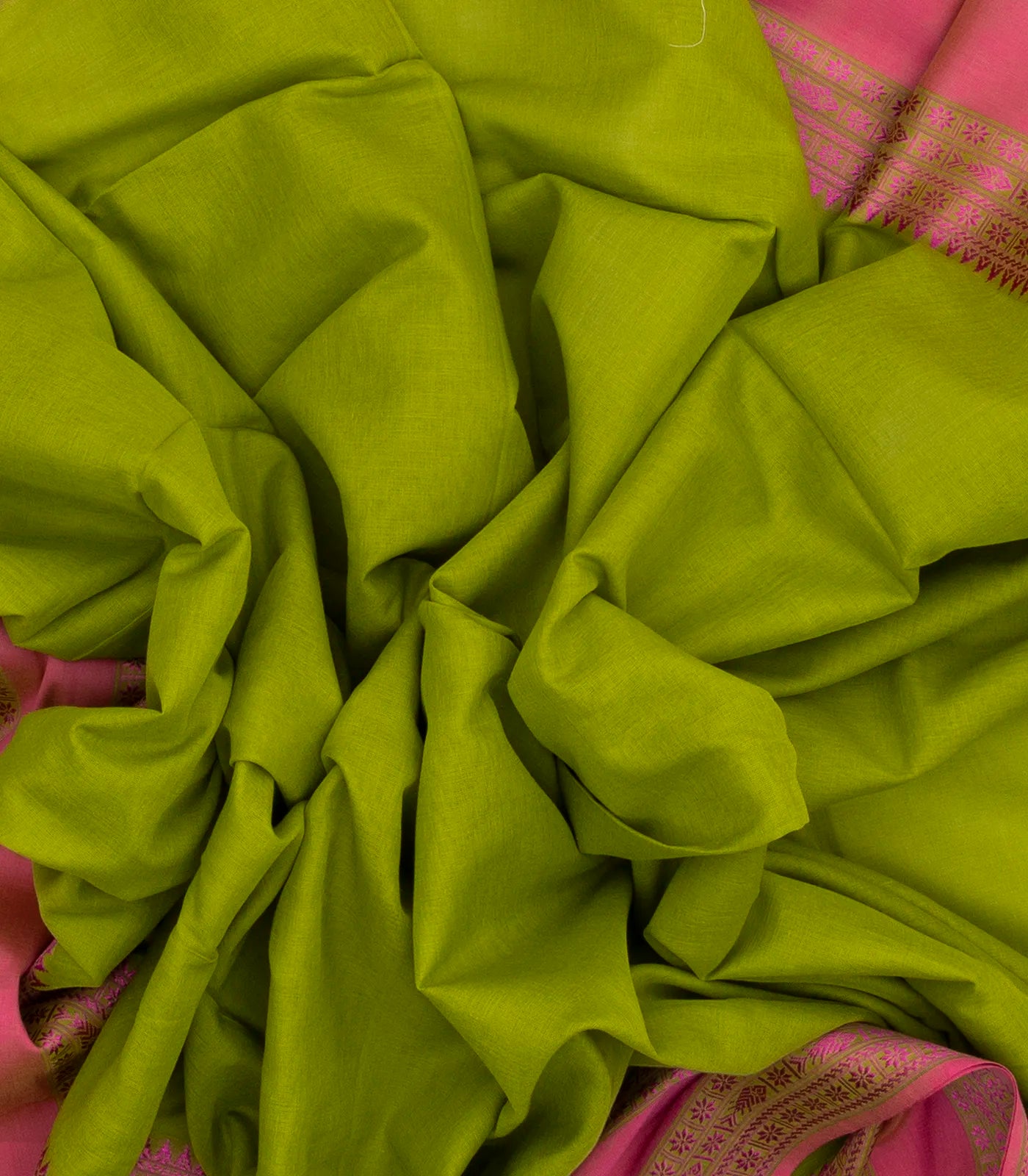 Light Green Handloom Bengal Cotton Saree With Pink Border