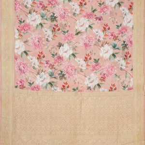 Light Peach Georgette Silk Saree Printed With Floral Motifs & Zari Border