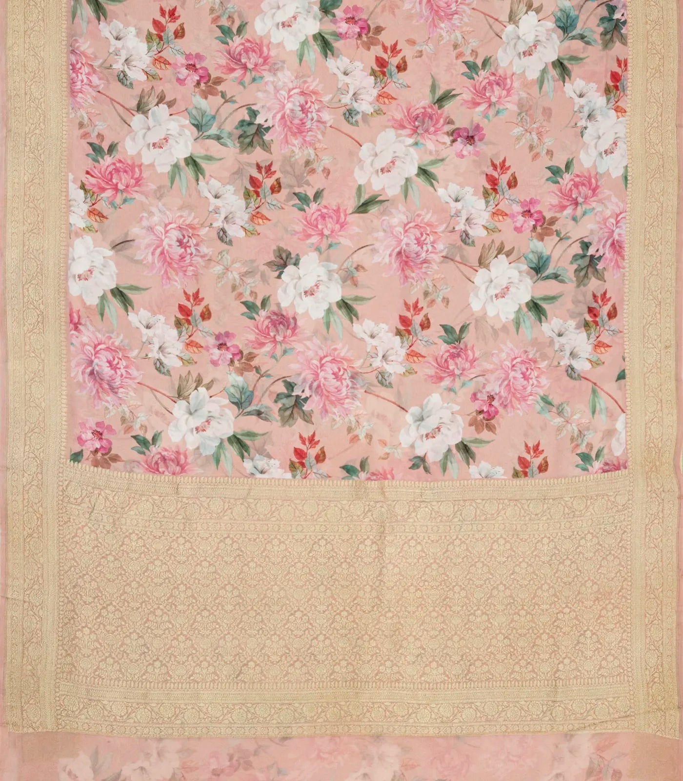 Light Peach Georgette Silk Saree Printed With Floral Motifs & Zari Border