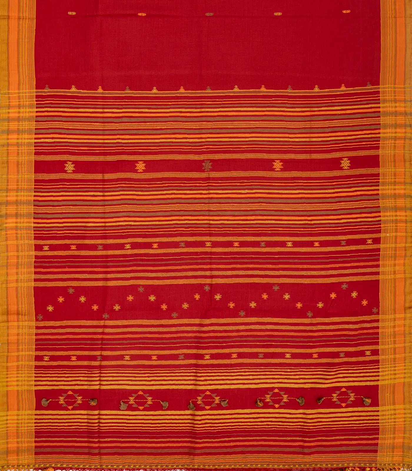 Red Handloom Bhujodi Cotton Saree With Bhujodi/kutch style buttis