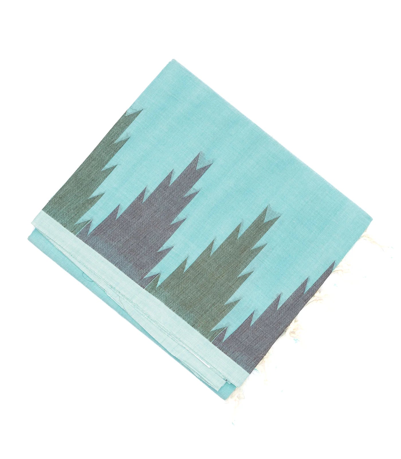 Light Blue Handloom Village Cotton Saree With Temple Border