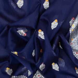 Navy Blue Handloom Banarasi Silk Saree With Meena Floral Buttas