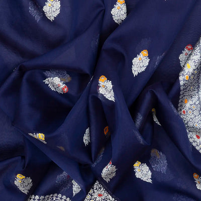 Navy Blue Handloom Banarasi Silk Saree With Meena Floral Buttas