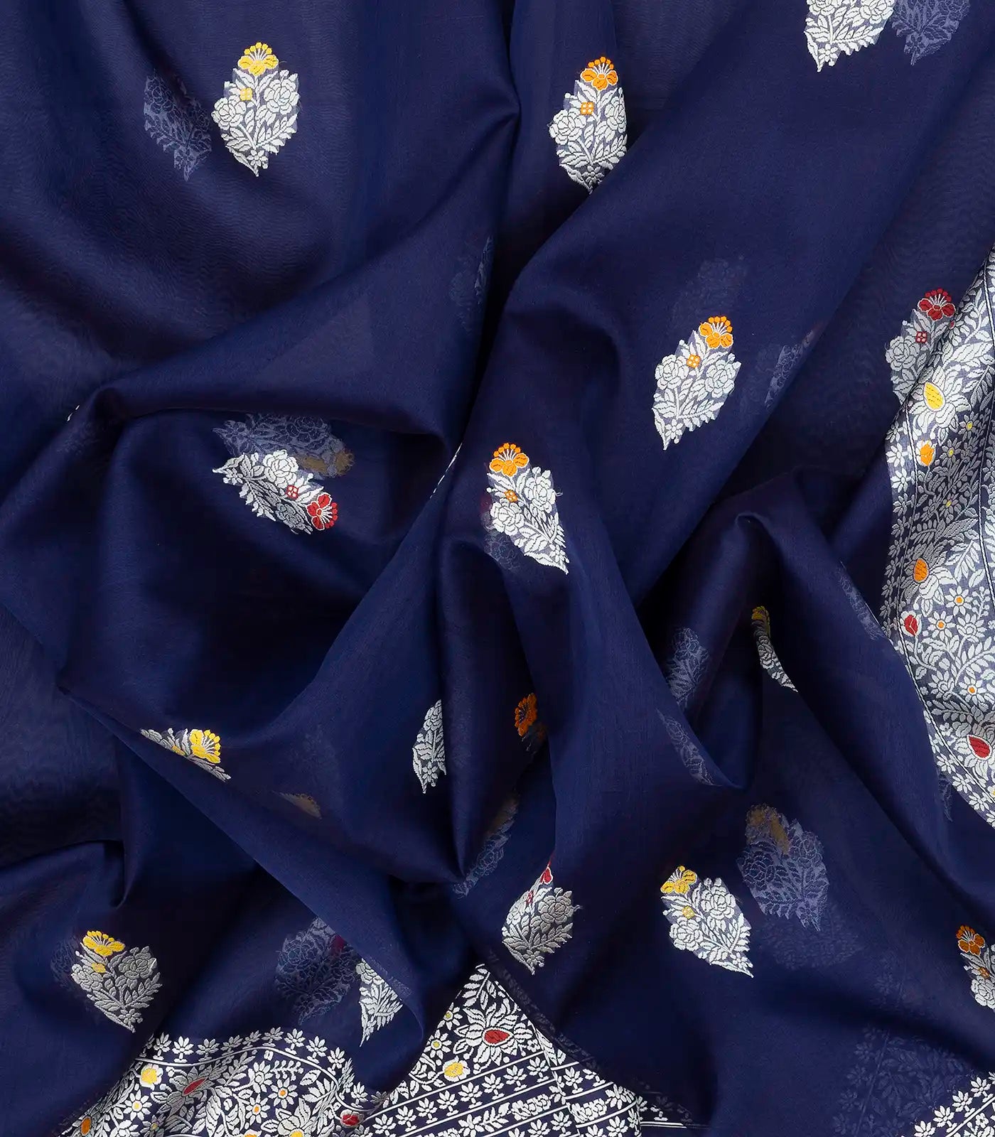 Navy Blue Handloom Banarasi Silk Saree With Meena Floral Buttas