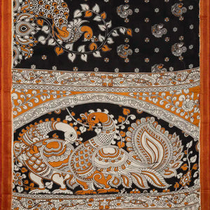 Black Handloom Kalamkari Cotton Saree With Printed Peacock Motifs