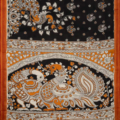 Black Handloom Kalamkari Cotton Saree With Printed Peacock Motifs
