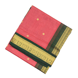 Peach Handloom Korvai Silk Cotton Saree With Rudraksham Buttas