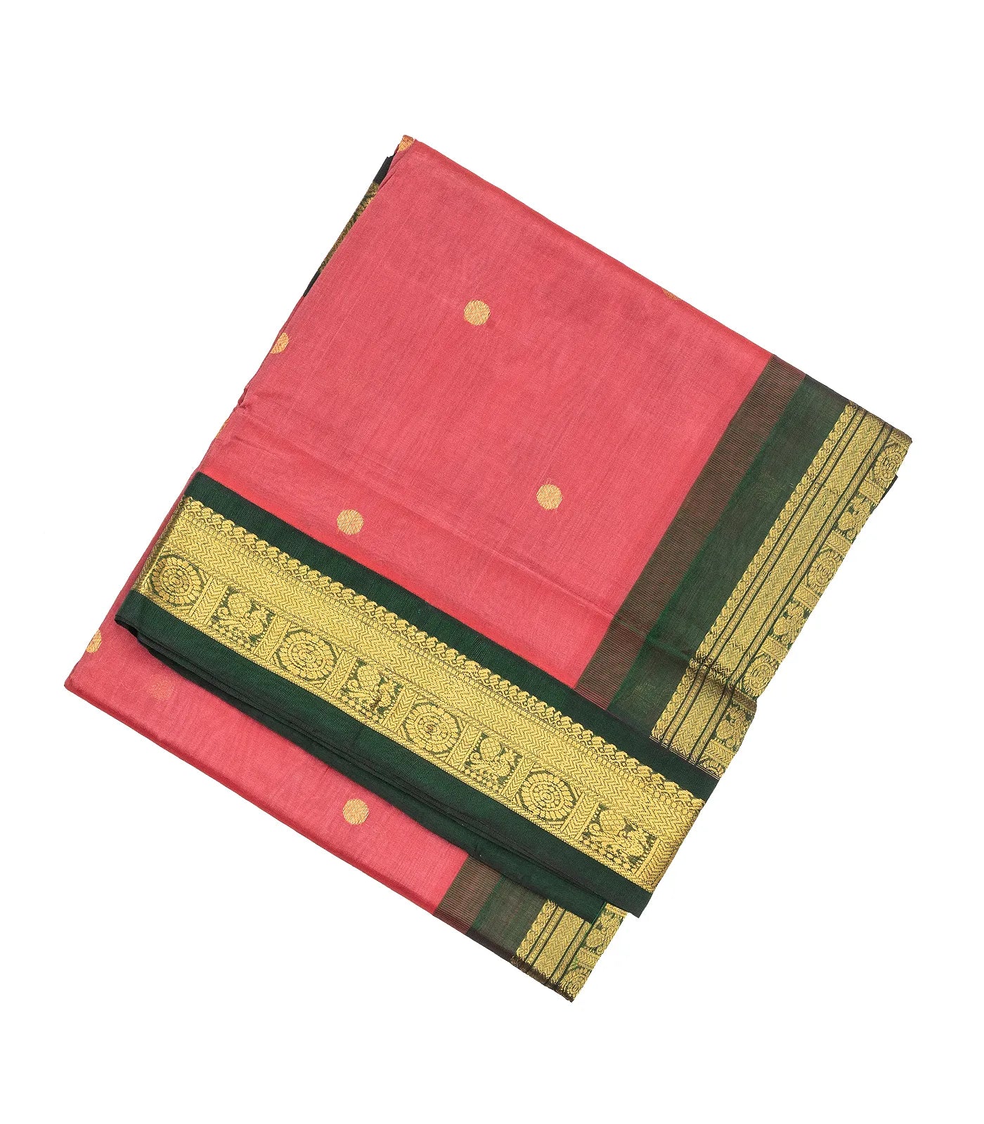 Peach Handloom Korvai Silk Cotton Saree With Rudraksham Buttas