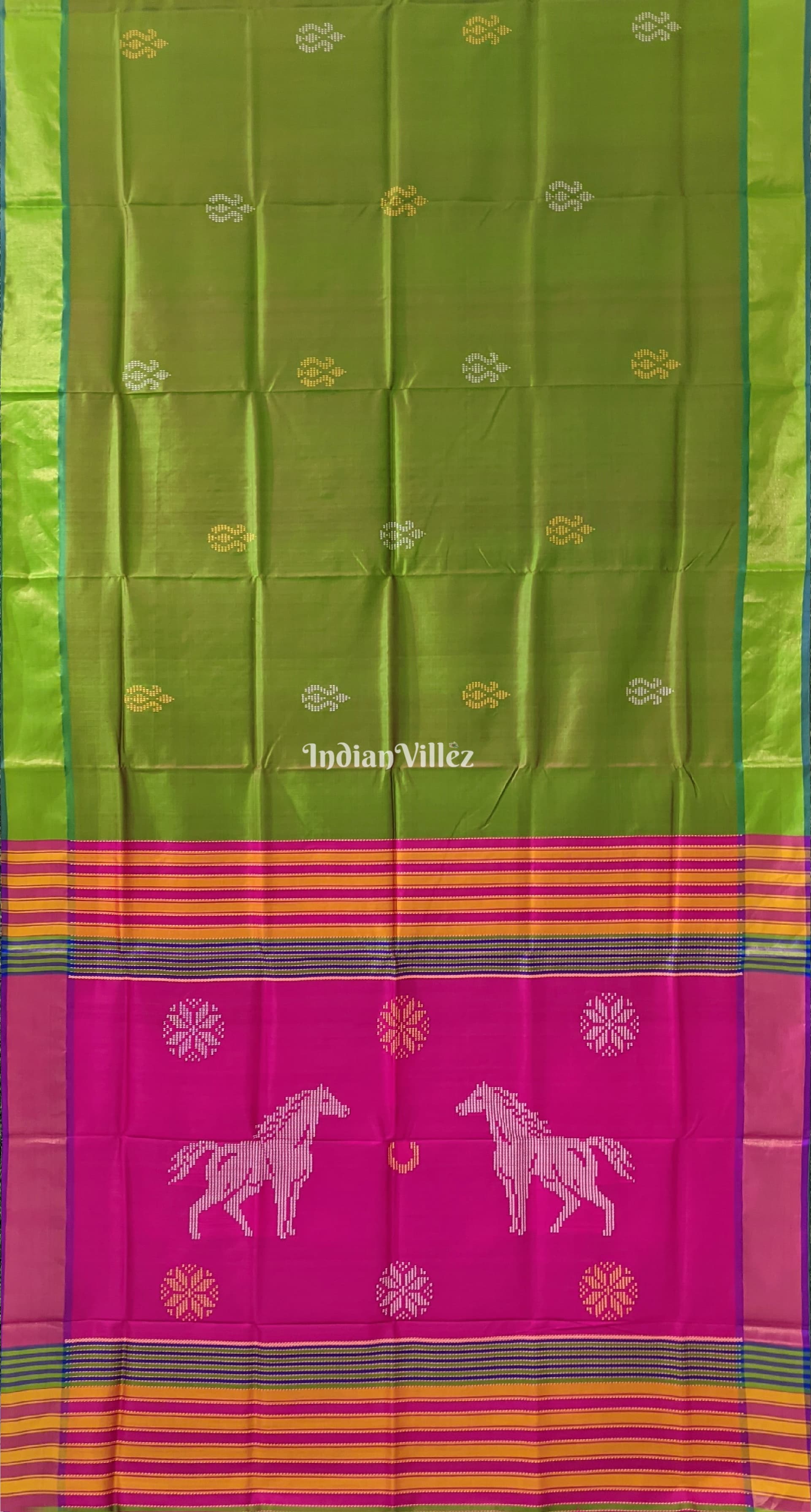 Parrot Green with Purple Handwoven Bishnupuri Silk Saree