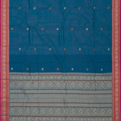 Blue Handloom Kanchi Cotton Saree With Annam & Diamond Buttas