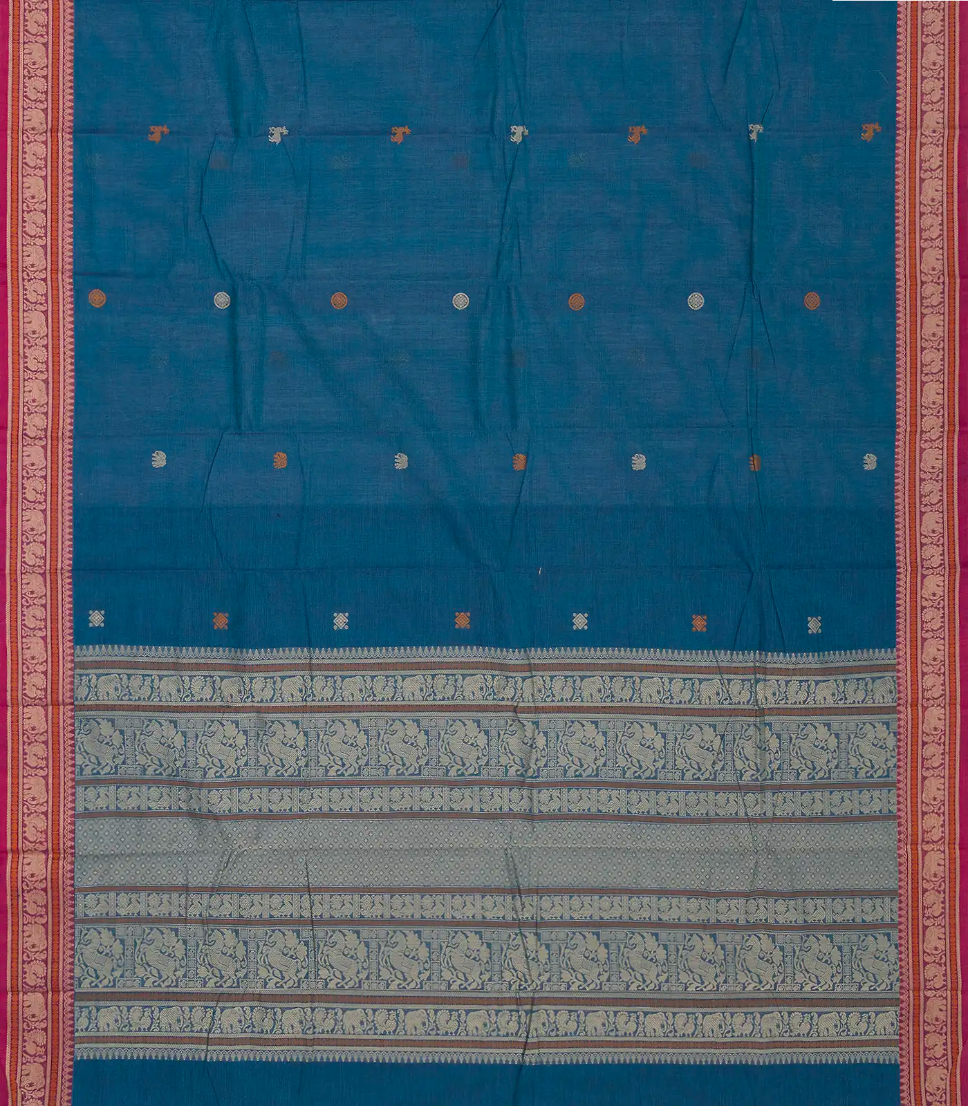 Blue Handloom Kanchi Cotton Saree With Annam & Diamond Buttas