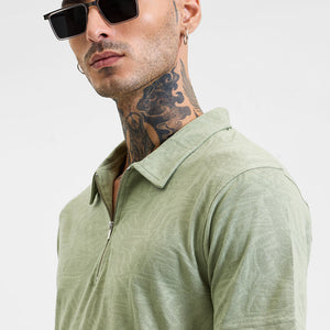 Light Green Self-Design Zipper Polo T-Shirt